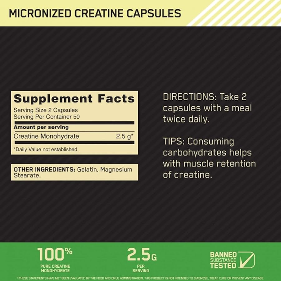 OPTIMUM NUTRITION MICRONIZED CREATINE 100 caps 2.5 gm.