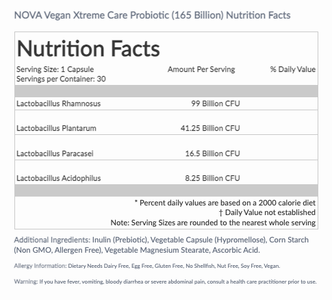 NOVA VEGAN XTREME CARE PROBIOTIC 165 BILLION 30 caps. **BEST BY 09/2023**