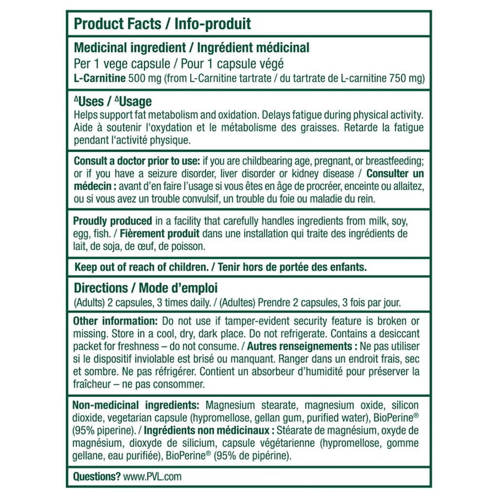 PVL L-CARNITINE TARTRATE 750mg 90 vege caps.