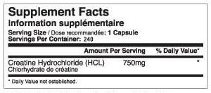 TESTED NUTRITION CREATINE HCL 750 mg. 120 caps.